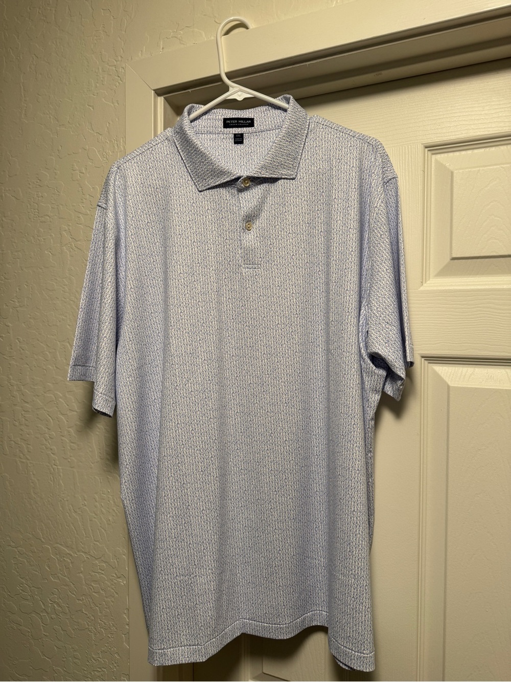 Peter Millar Crown Crafted White and  Light Blue Patterned Short-Sleeve Polo